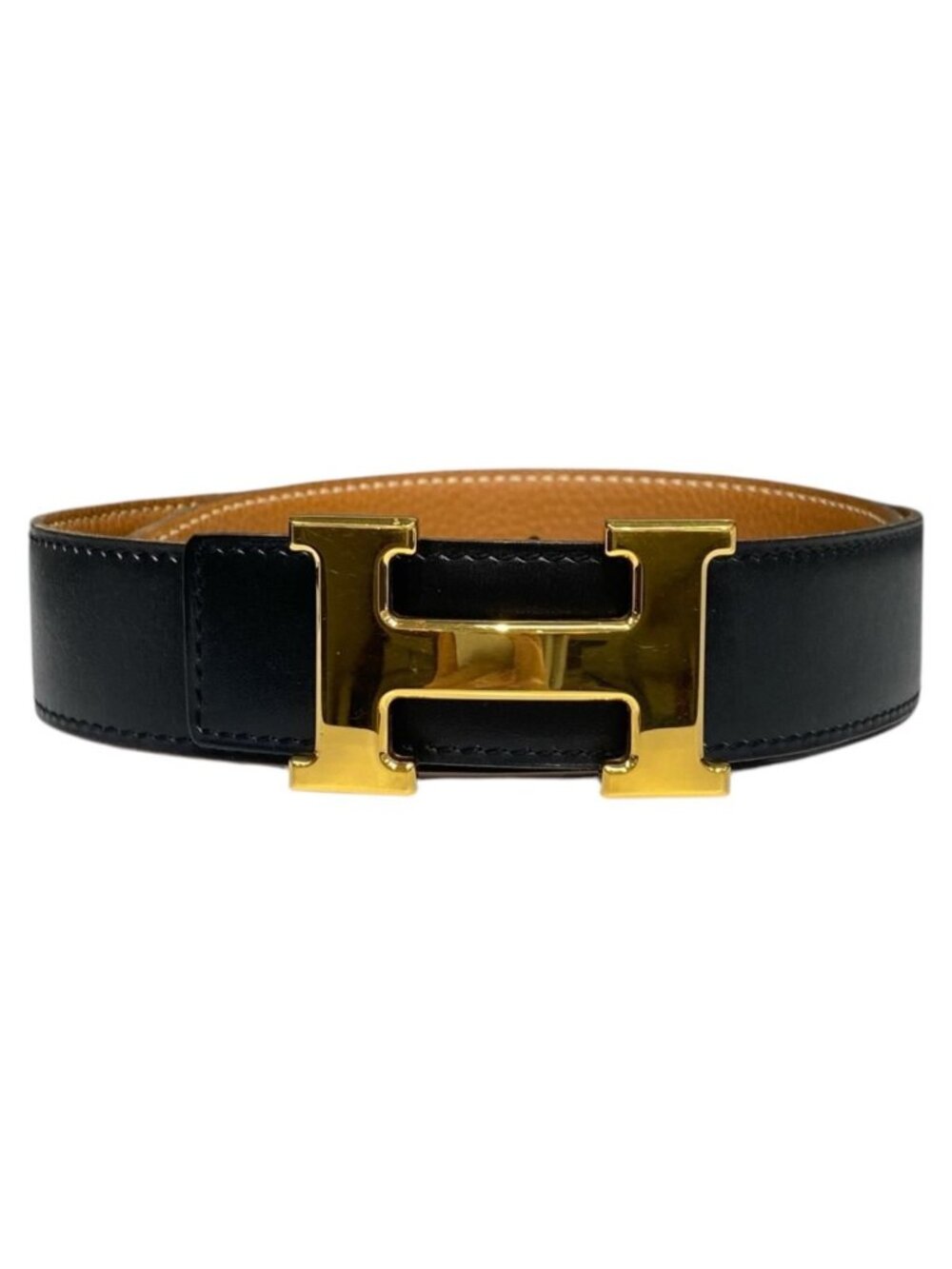 Hermes Belt Constance Leather Logo Black Gold Brown